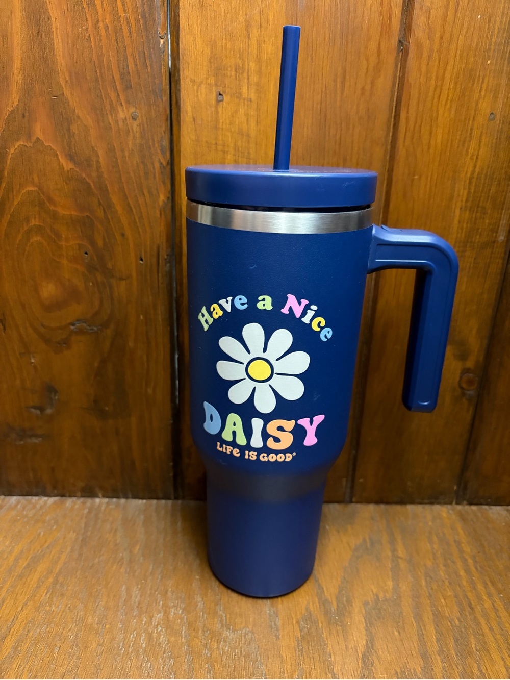 Life Is Good Blue Daisy Travel Tumbler with Handle and Straw